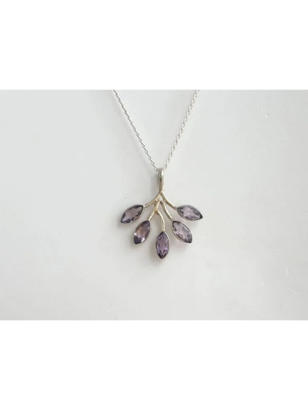 Amethyst Branched Leaves Sterling Silver 925 Vintage Pendant Necklace - 18